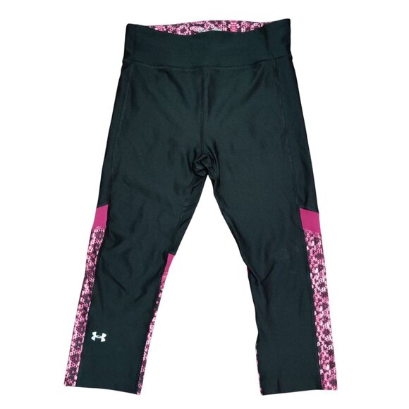 Under Armour M HeatGear Black Compression Leggings Pink Snake Print Panels Capri - Picture 1 of 5